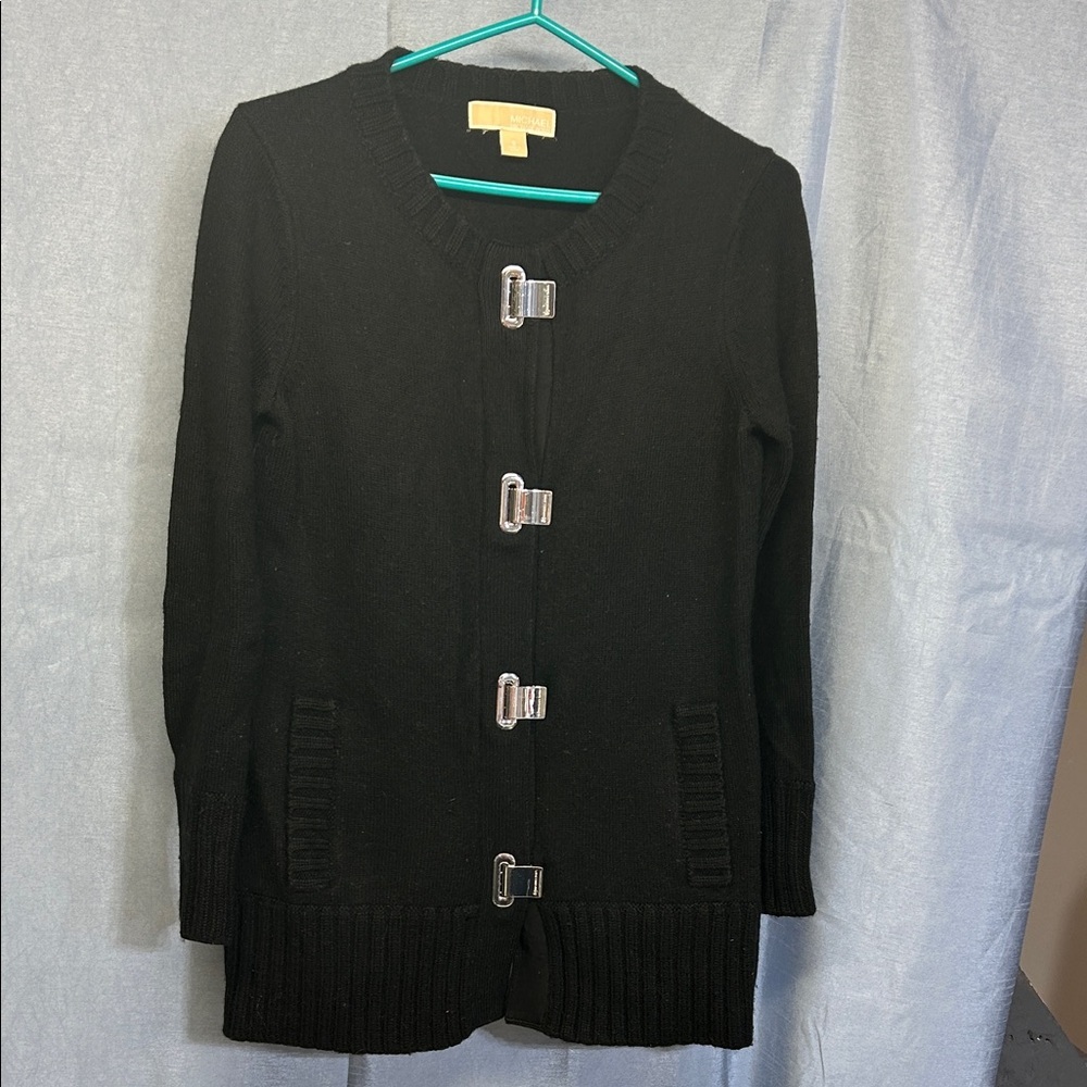 Michael Kors 50% merino wool Black Buckle Cardigan Sweater
